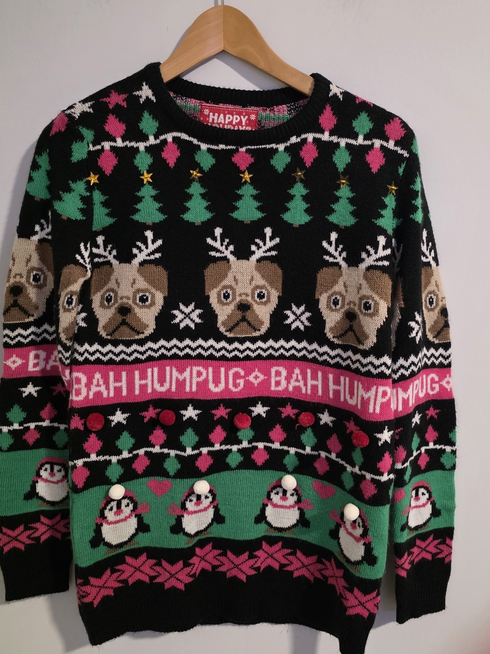 Happy Holidays Bah Humpug Ugly Christmas Sweater Pug Penguin Pom Pom M